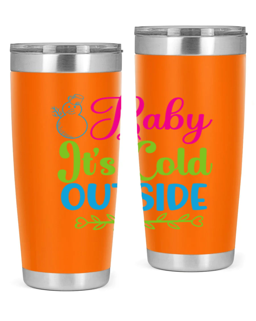 Baby It's Cold Outside 20oz winter tumbler made of stainless steel with a drink-thru lid, featuring a festive winter design.