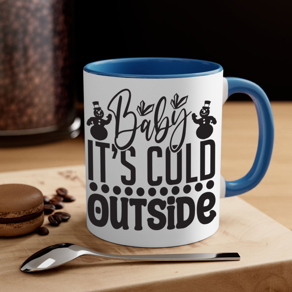 A stylish two-tone Baby it's Cold Outside Mug with a glossy finish, featuring a colored handle and interior, available in multiple colors.