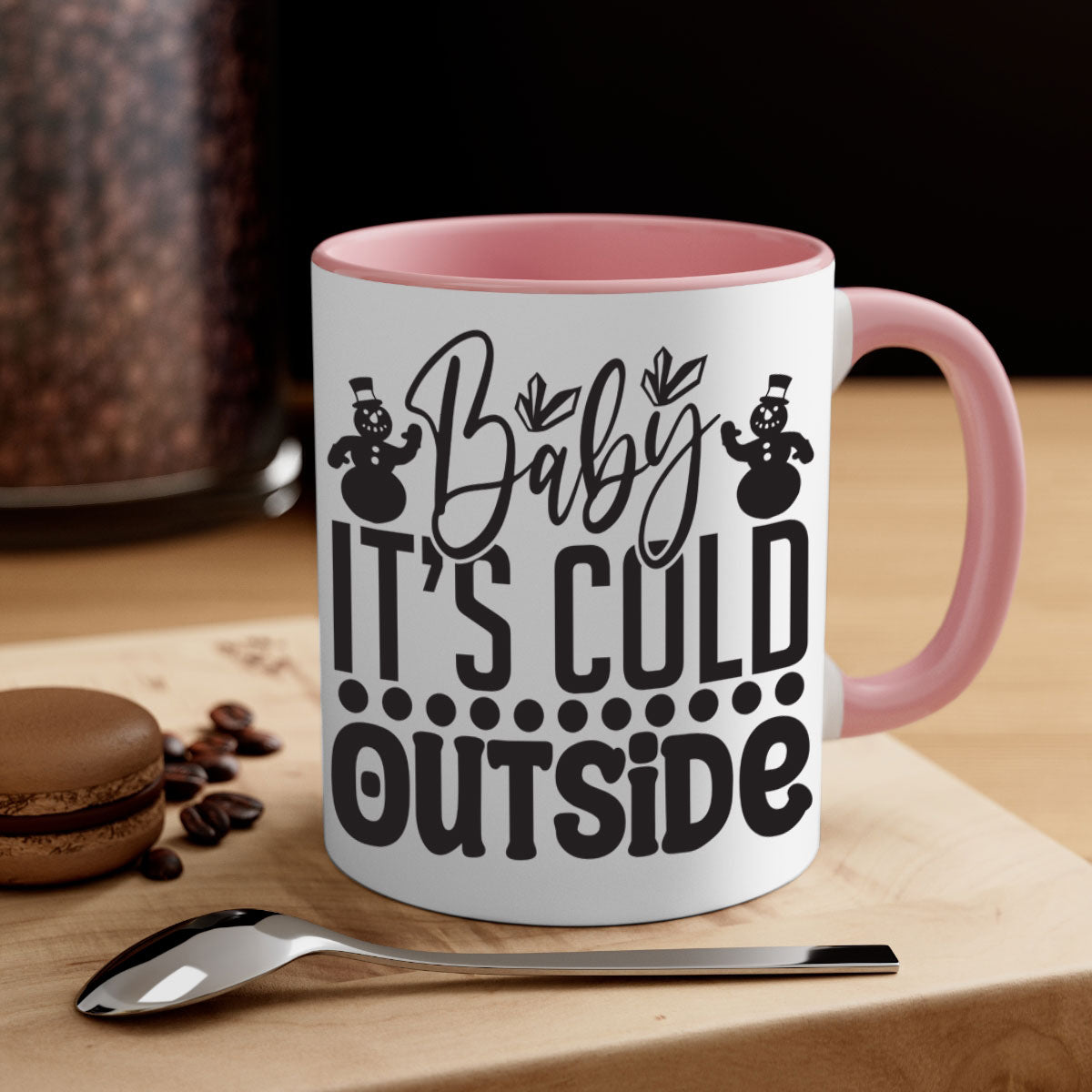 A stylish two-tone Baby it's Cold Outside Mug with a glossy finish, featuring a colored handle and interior, available in multiple colors.