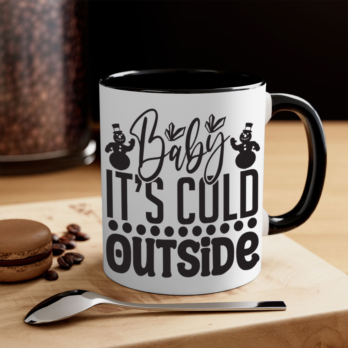 A stylish two-tone Baby it's Cold Outside Mug with a glossy finish, featuring a colored handle and interior, available in multiple colors.