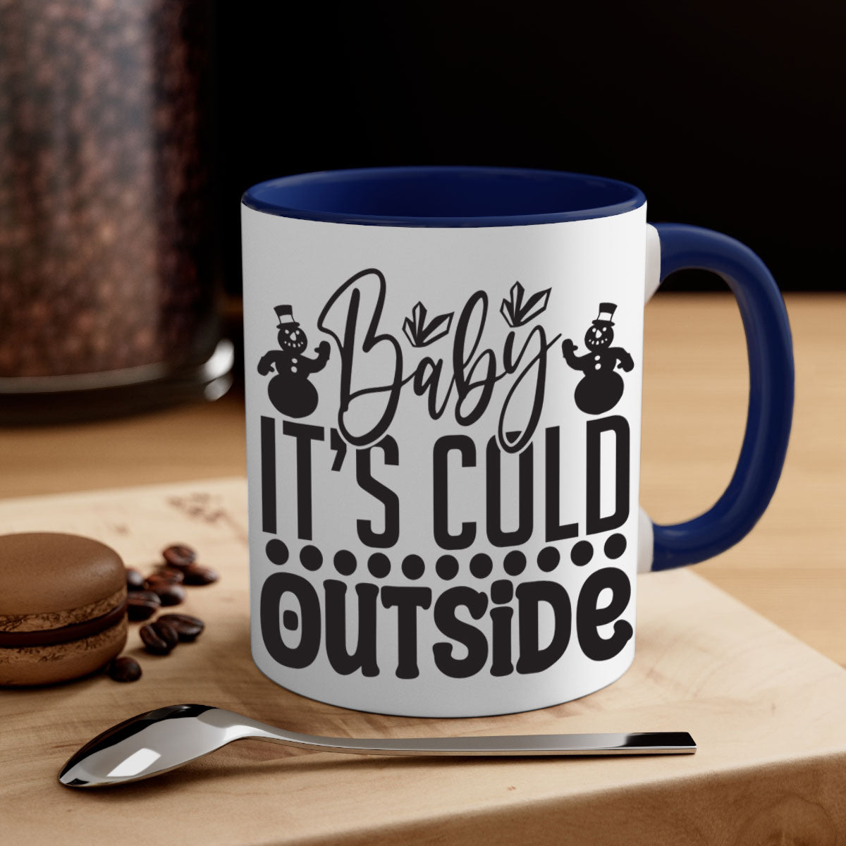 A stylish two-tone Baby it's Cold Outside Mug with a glossy finish, featuring a colored handle and interior, available in multiple colors.