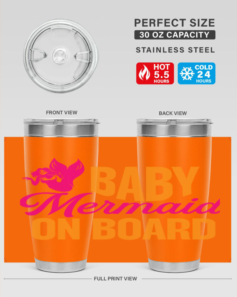 Baby Mermaid On Board 22oz tumbler featuring a whimsical mermaid design, double wall vacuum insulation, and a convenient drink-thru lid.