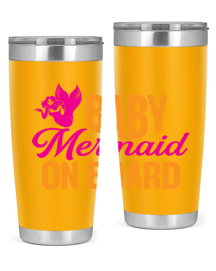 Baby Mermaid On Board 22oz tumbler featuring a whimsical mermaid design, double wall vacuum insulation, and a convenient drink-thru lid.