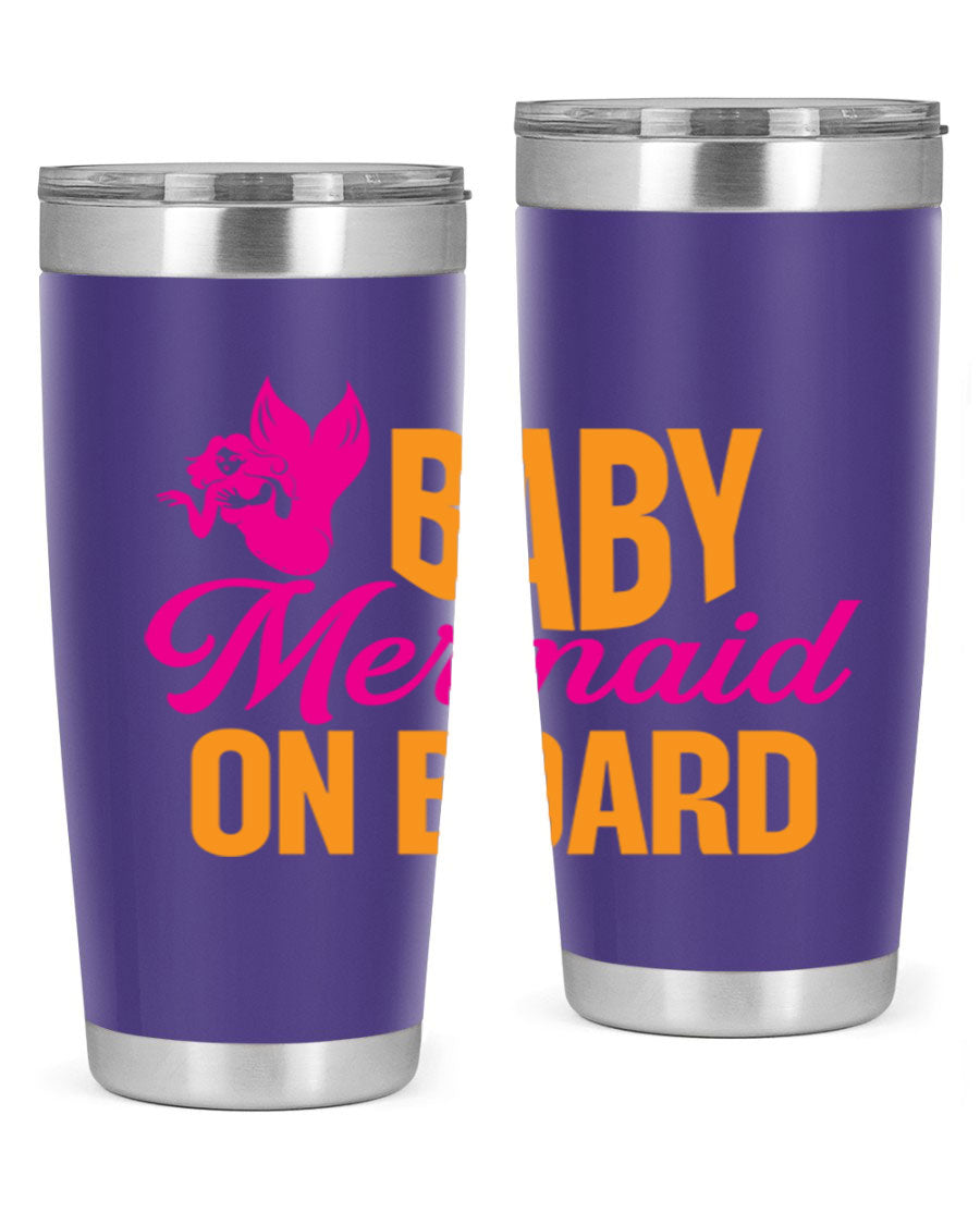 Baby Mermaid On Board 22oz tumbler featuring a whimsical mermaid design, double wall vacuum insulation, and a convenient drink-thru lid.