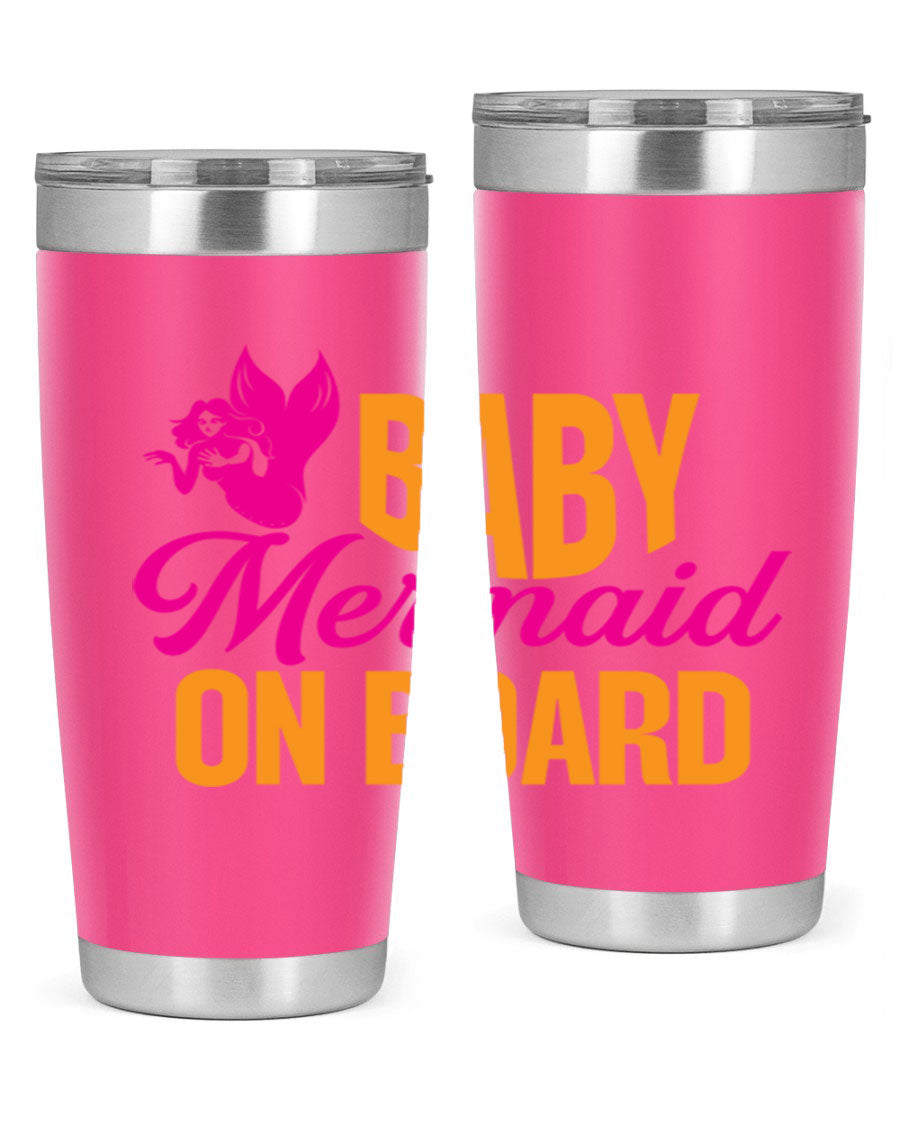 Baby Mermaid On Board 22oz tumbler featuring a whimsical mermaid design, double wall vacuum insulation, and a convenient drink-thru lid.