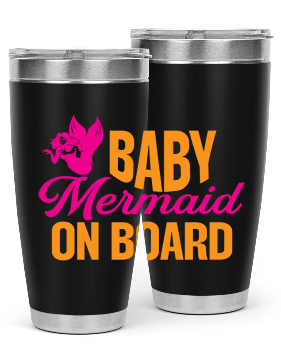 Baby Mermaid On Board 22oz tumbler featuring a whimsical mermaid design, double wall vacuum insulation, and a convenient drink-thru lid.