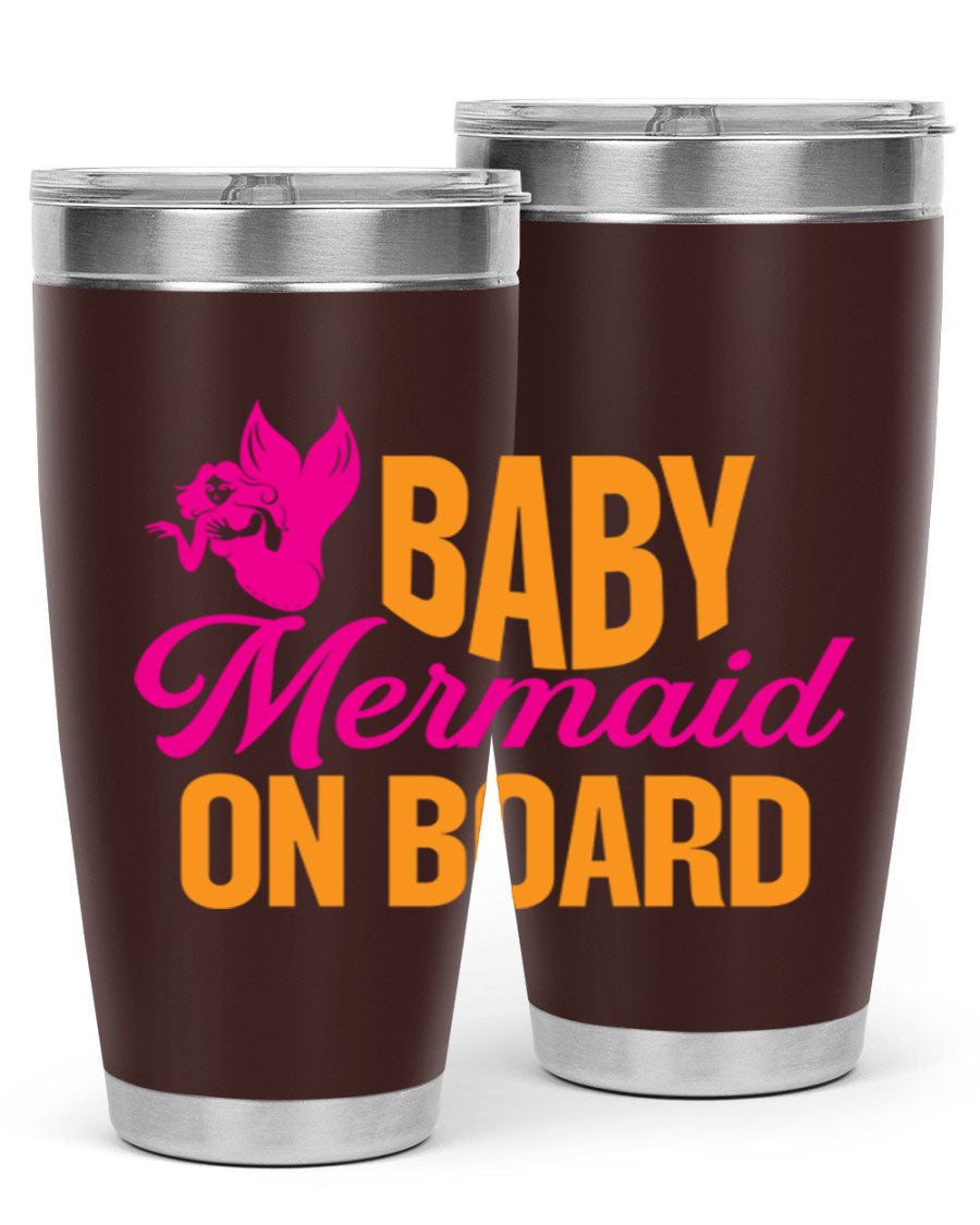 Baby Mermaid On Board 22oz tumbler featuring a whimsical mermaid design, double wall vacuum insulation, and a convenient drink-thru lid.