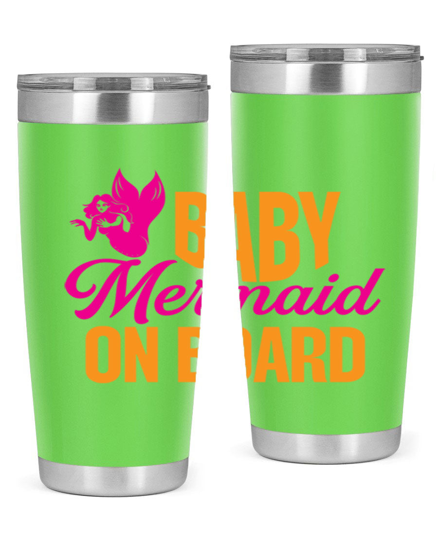 Baby Mermaid On Board 22oz tumbler featuring a whimsical mermaid design, double wall vacuum insulation, and a convenient drink-thru lid.