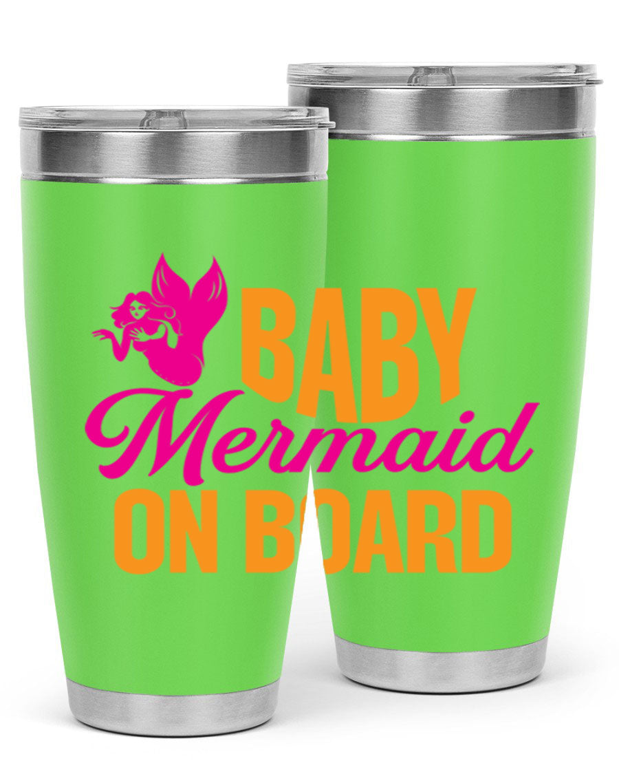 Baby Mermaid On Board 22oz tumbler featuring a whimsical mermaid design, double wall vacuum insulation, and a convenient drink-thru lid.