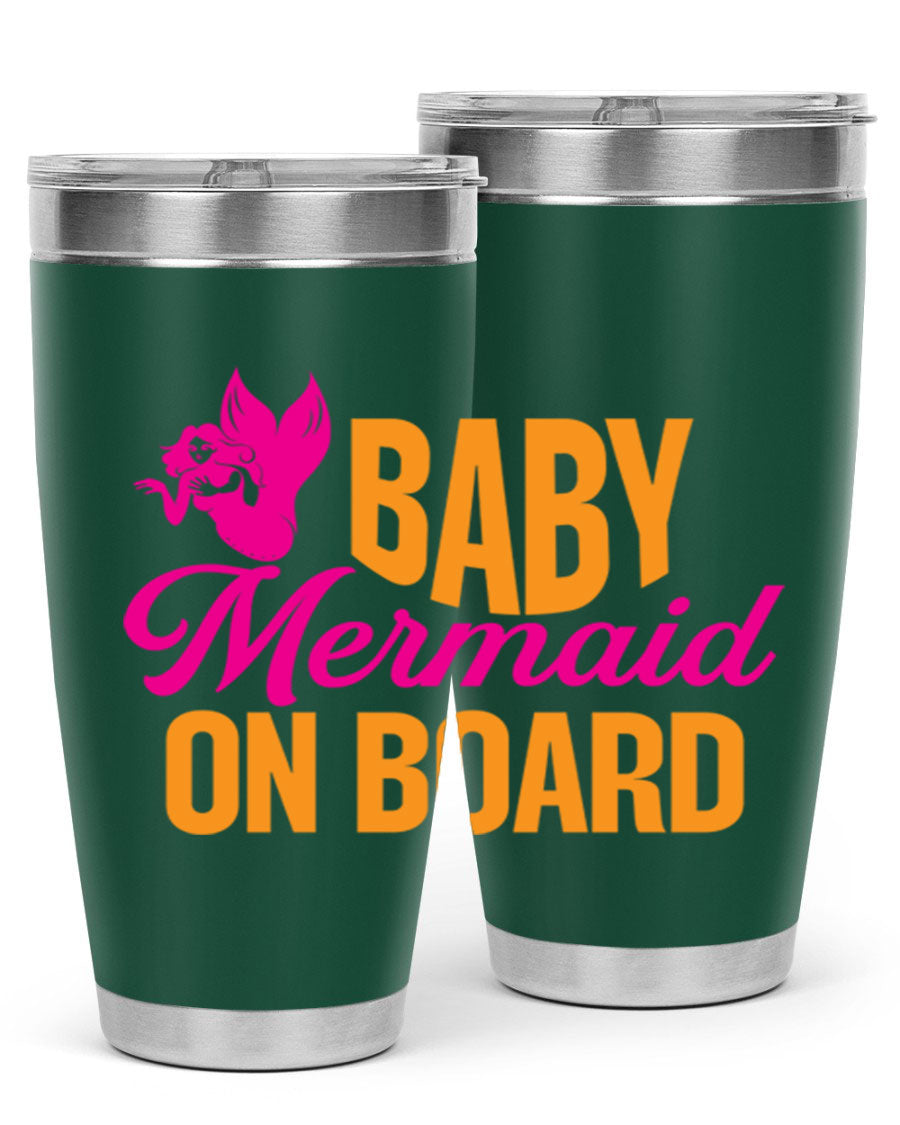 Baby Mermaid On Board 22oz tumbler featuring a whimsical mermaid design, double wall vacuum insulation, and a convenient drink-thru lid.