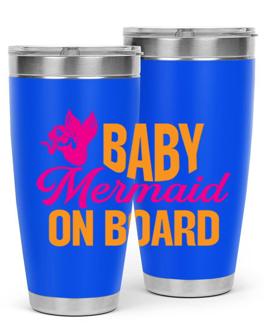 Baby Mermaid On Board 22oz tumbler featuring a whimsical mermaid design, double wall vacuum insulation, and a convenient drink-thru lid.