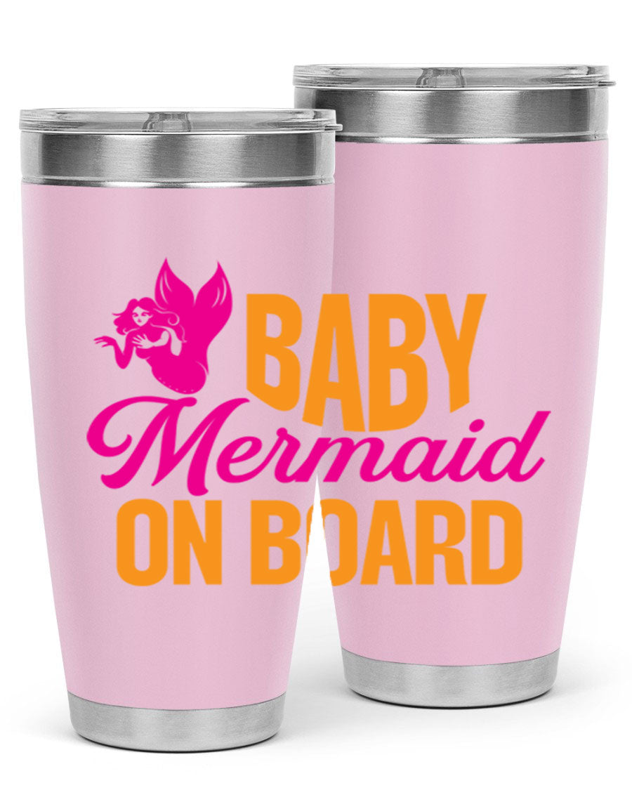 Baby Mermaid On Board 22oz tumbler featuring a whimsical mermaid design, double wall vacuum insulation, and a convenient drink-thru lid.