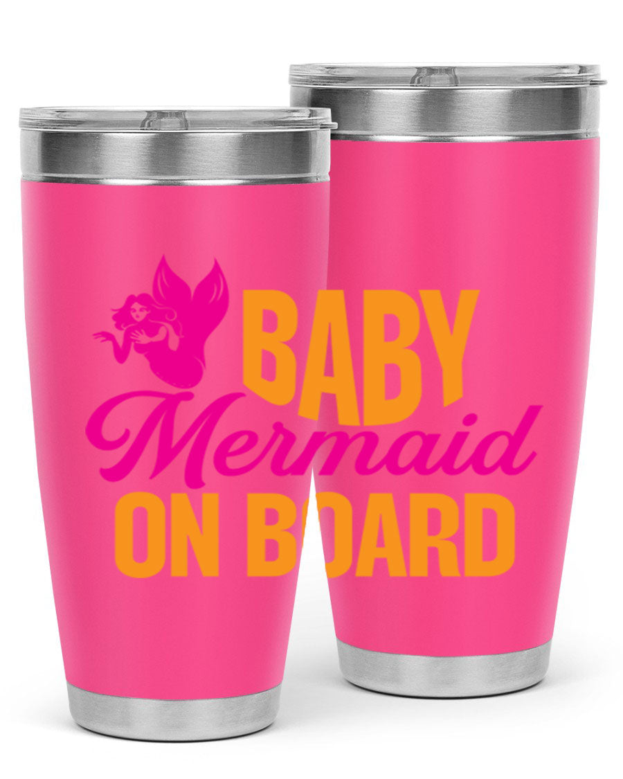 Baby Mermaid On Board 22oz tumbler featuring a whimsical mermaid design, double wall vacuum insulation, and a convenient drink-thru lid.