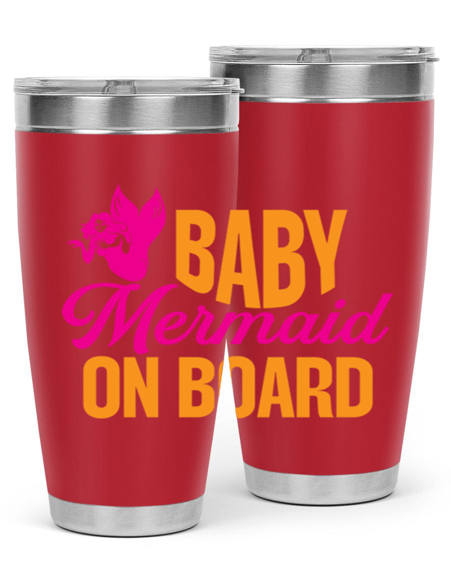 Baby Mermaid On Board 22oz tumbler featuring a whimsical mermaid design, double wall vacuum insulation, and a convenient drink-thru lid.