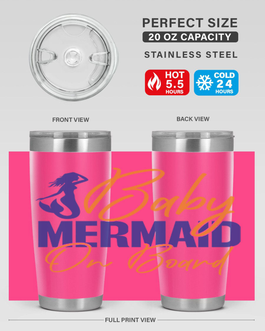 A stylish Baby Mermaid on Board 20oz tumbler featuring a whimsical mermaid design, made of stainless steel with a drink-thru lid.