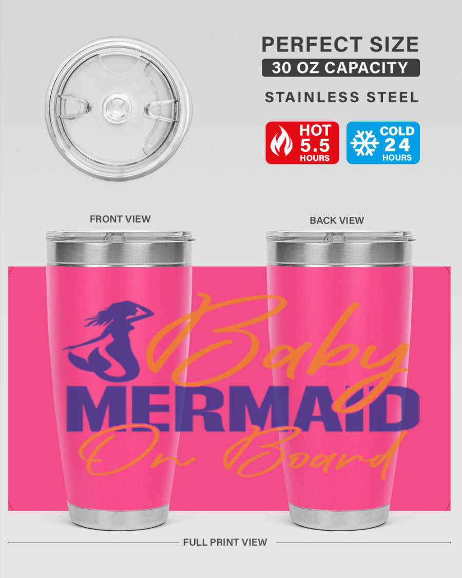 A stylish Baby Mermaid on Board 20oz tumbler featuring a whimsical mermaid design, made of stainless steel with a drink-thru lid.