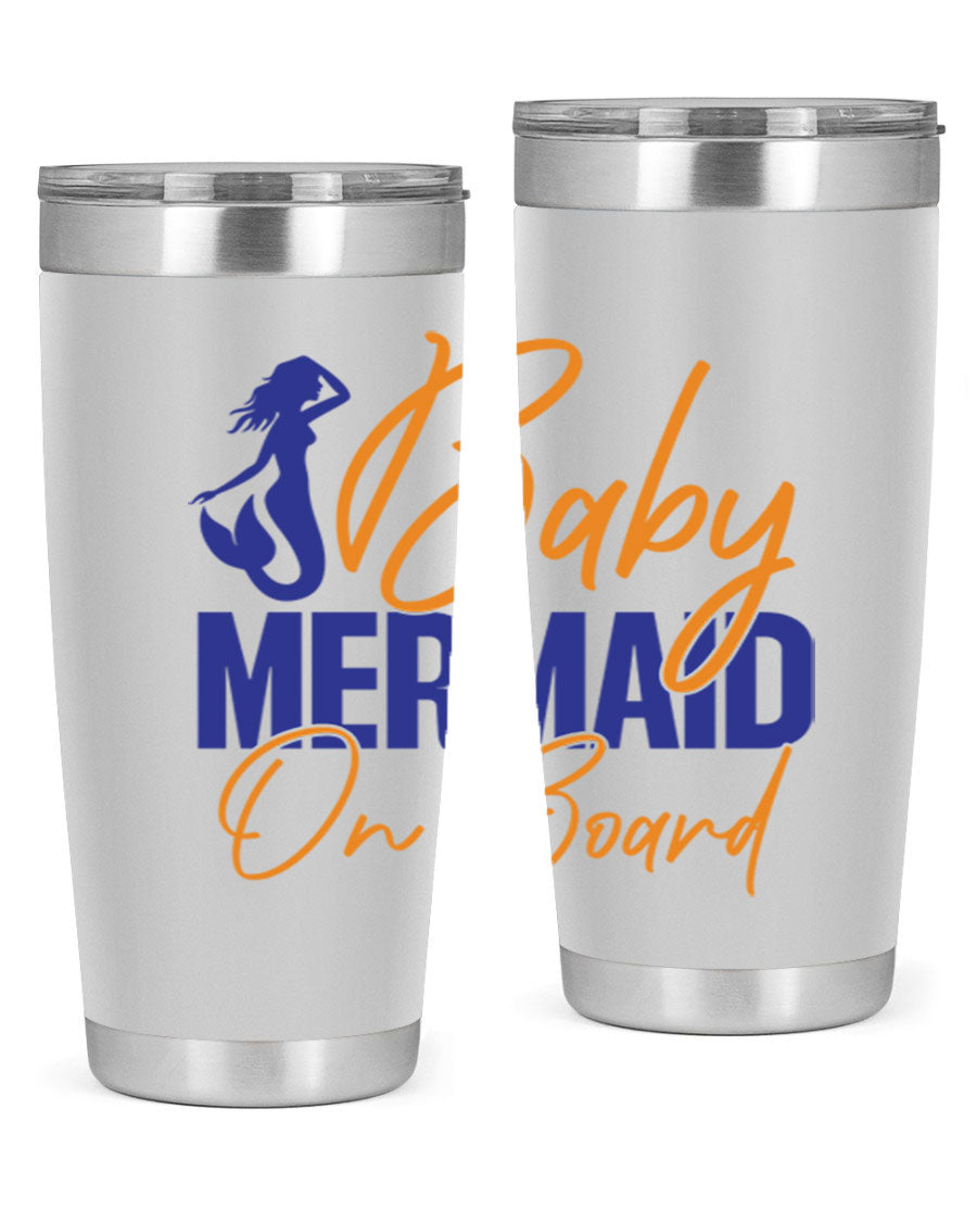 A stylish Baby Mermaid on Board 20oz tumbler featuring a whimsical mermaid design, made of stainless steel with a drink-thru lid.