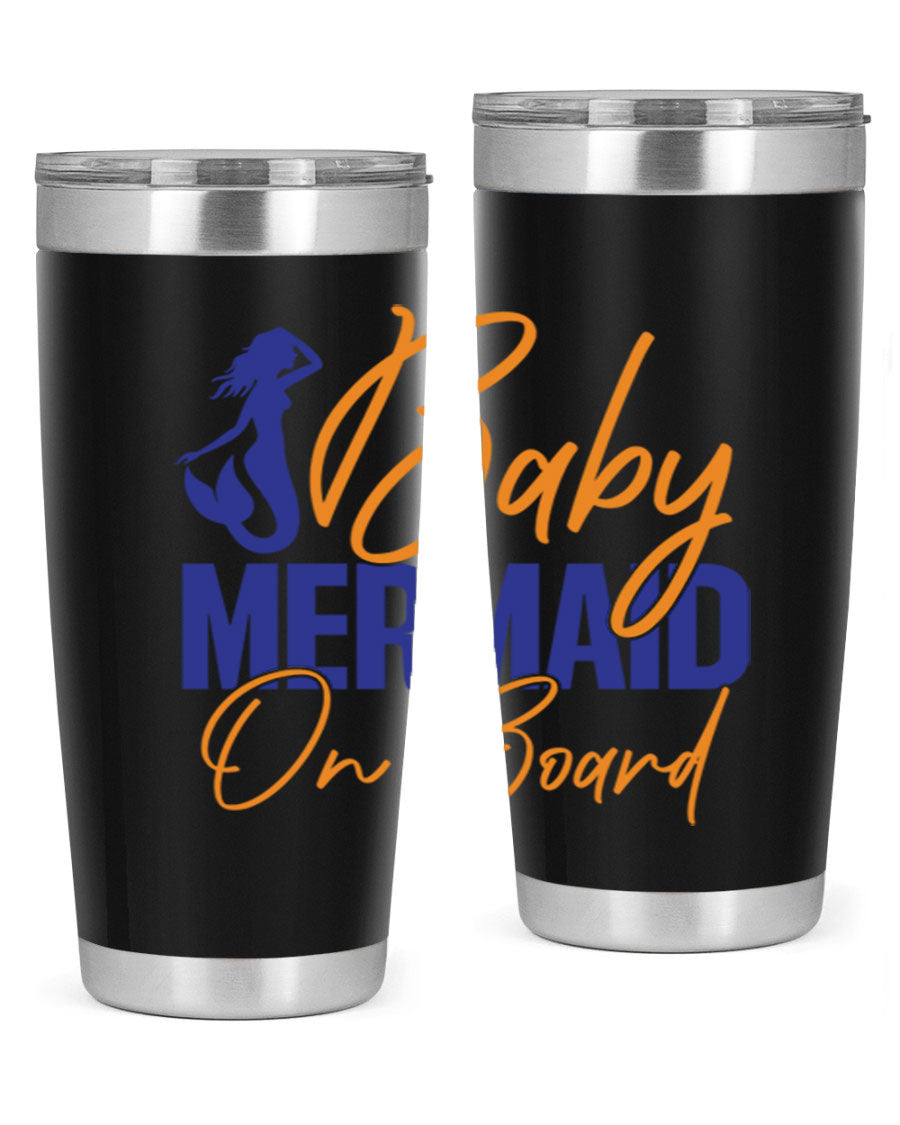 A stylish Baby Mermaid on Board 20oz tumbler featuring a whimsical mermaid design, made of stainless steel with a drink-thru lid.