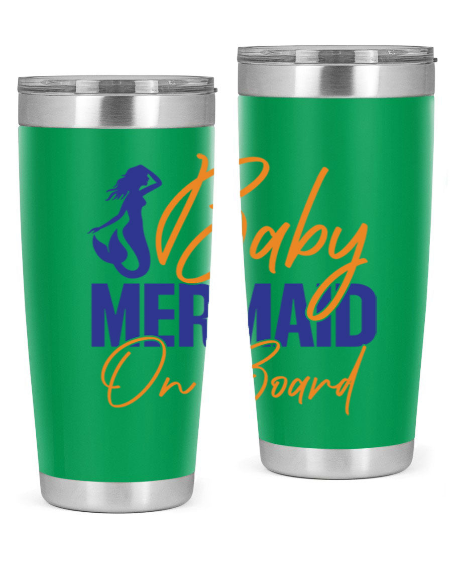 A stylish Baby Mermaid on Board 20oz tumbler featuring a whimsical mermaid design, made of stainless steel with a drink-thru lid.