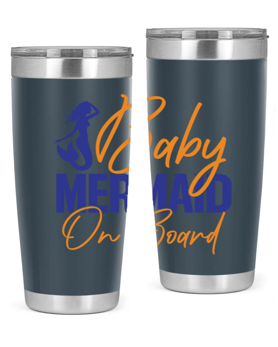 A stylish Baby Mermaid on Board 20oz tumbler featuring a whimsical mermaid design, made of stainless steel with a drink-thru lid.