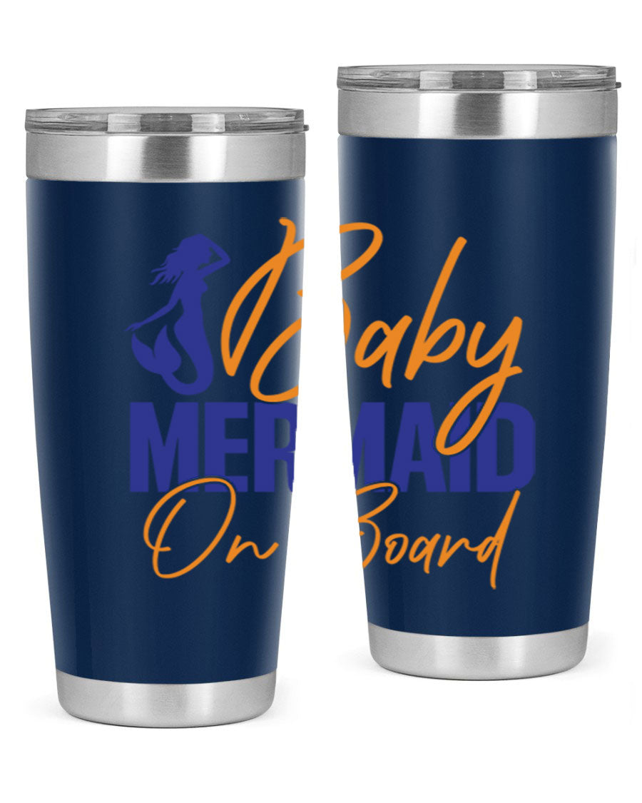 A stylish Baby Mermaid on Board 20oz tumbler featuring a whimsical mermaid design, made of stainless steel with a drink-thru lid.