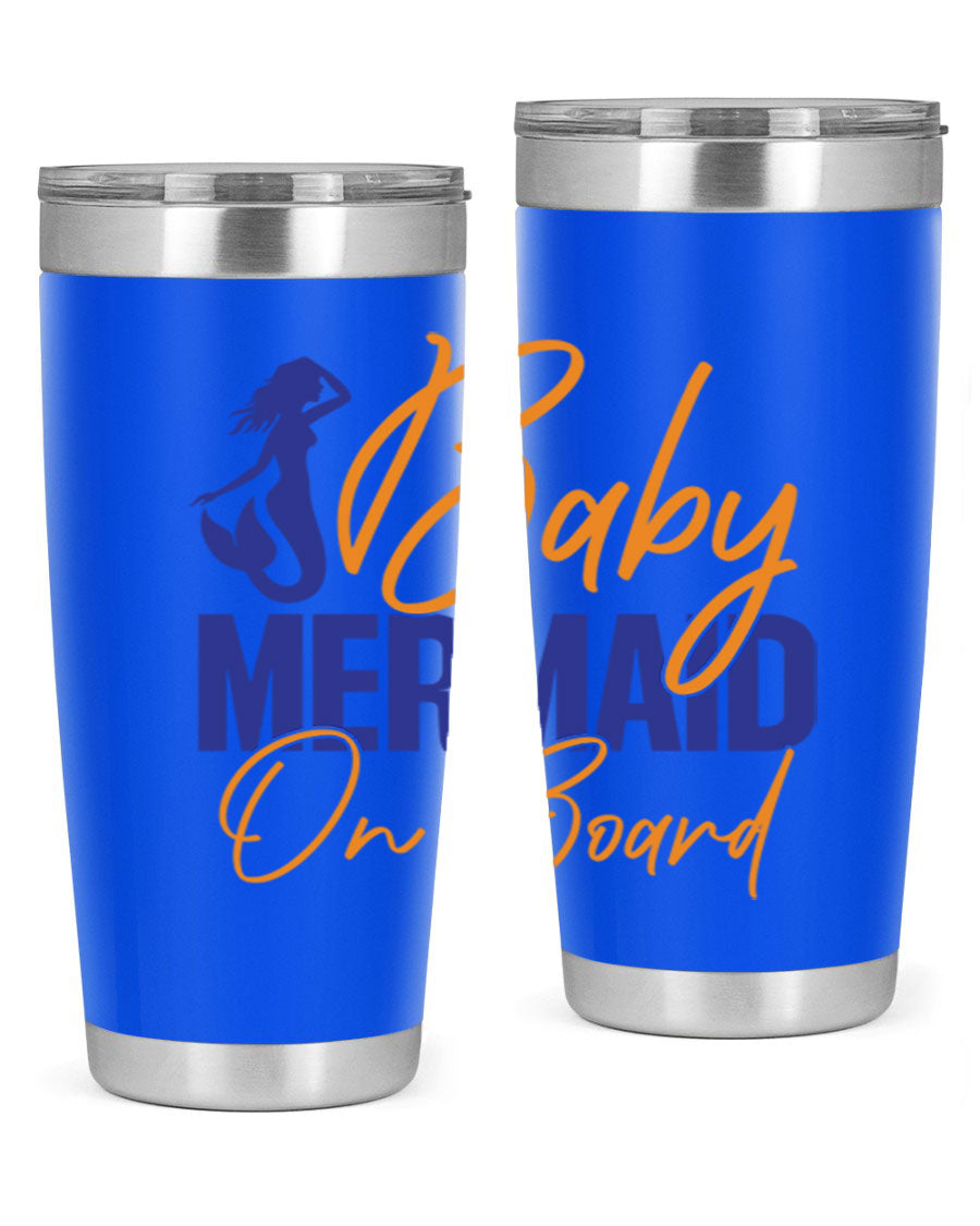 A stylish Baby Mermaid on Board 20oz tumbler featuring a whimsical mermaid design, made of stainless steel with a drink-thru lid.