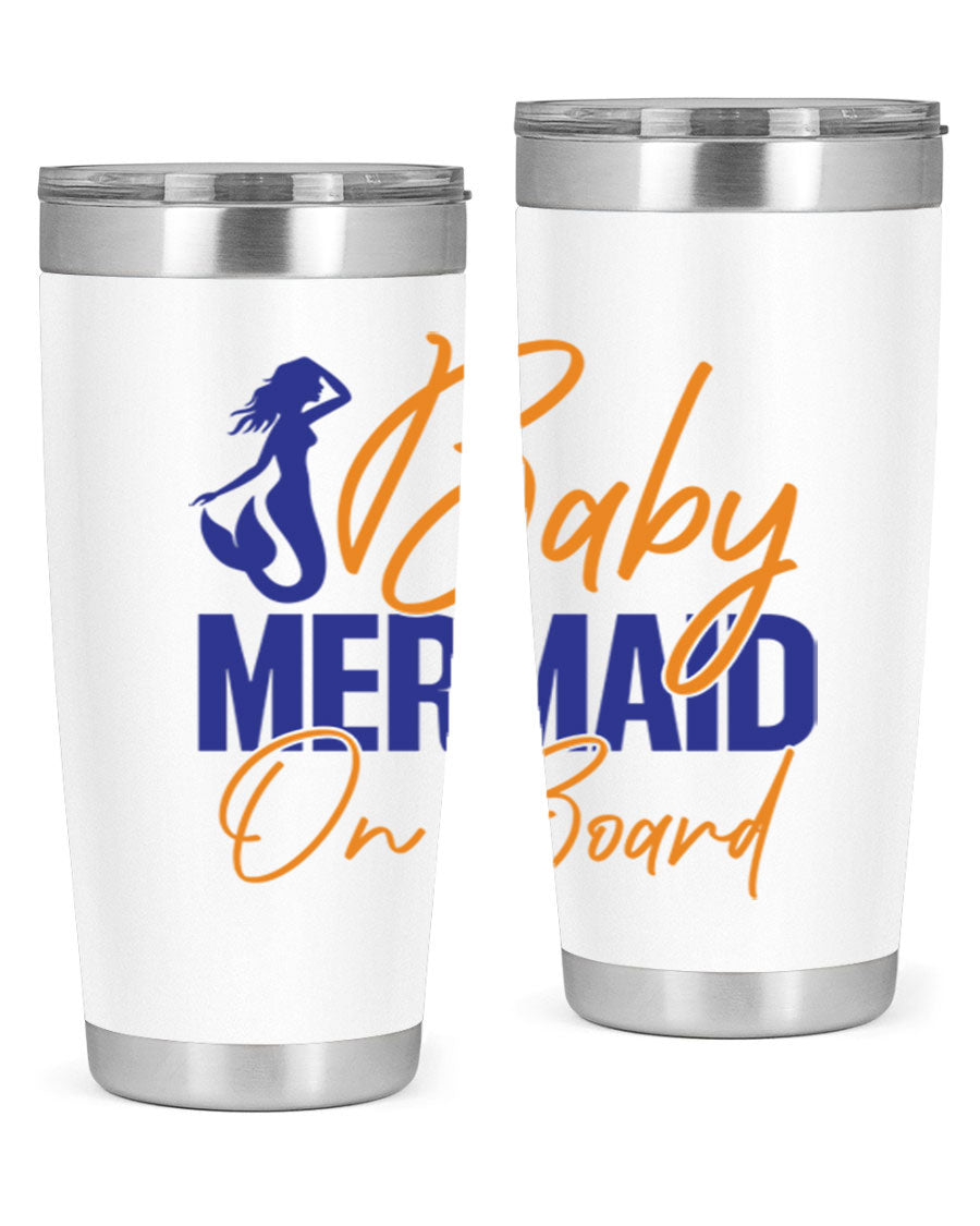 A stylish Baby Mermaid on Board 20oz tumbler featuring a whimsical mermaid design, made of stainless steel with a drink-thru lid.