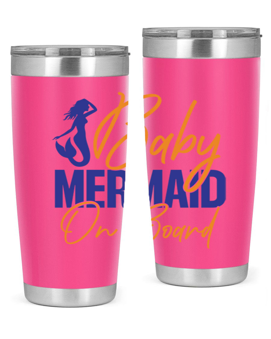 A stylish Baby Mermaid on Board 20oz tumbler featuring a whimsical mermaid design, made of stainless steel with a drink-thru lid.