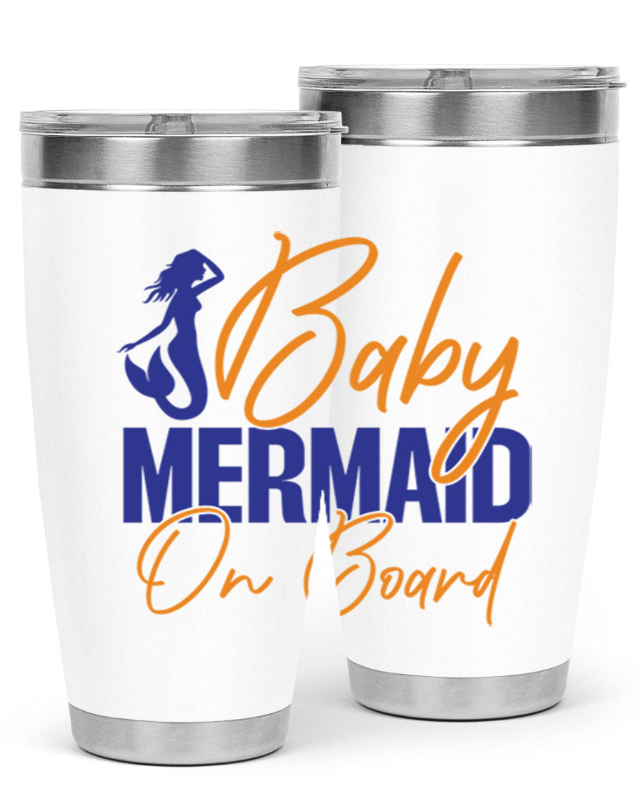 A stylish Baby Mermaid on Board 20oz tumbler featuring a whimsical mermaid design, made of stainless steel with a drink-thru lid.