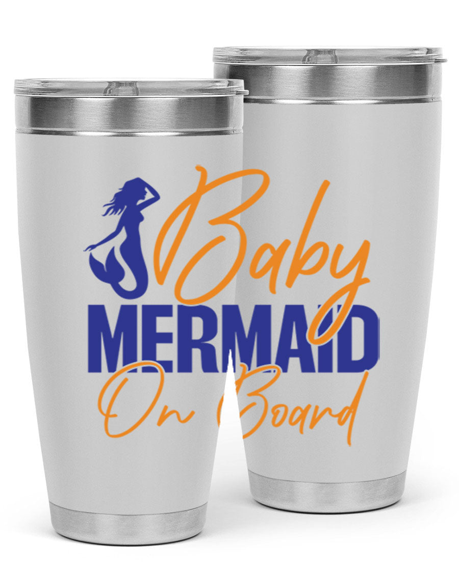 A stylish Baby Mermaid on Board 20oz tumbler featuring a whimsical mermaid design, made of stainless steel with a drink-thru lid.