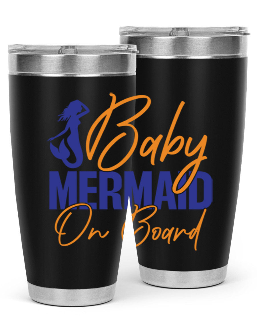 A stylish Baby Mermaid on Board 20oz tumbler featuring a whimsical mermaid design, made of stainless steel with a drink-thru lid.