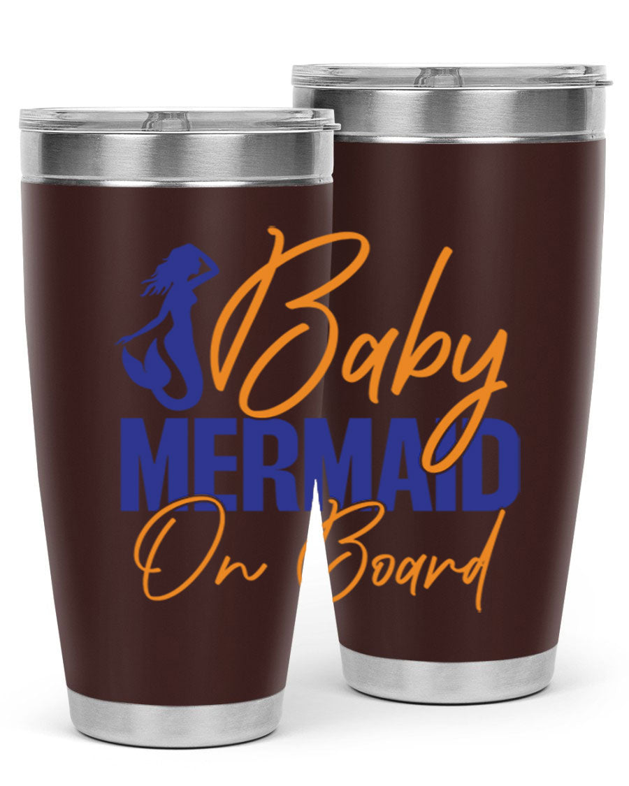 A stylish Baby Mermaid on Board 20oz tumbler featuring a whimsical mermaid design, made of stainless steel with a drink-thru lid.