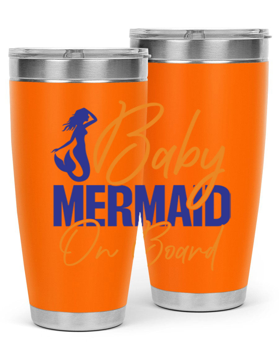 A stylish Baby Mermaid on Board 20oz tumbler featuring a whimsical mermaid design, made of stainless steel with a drink-thru lid.