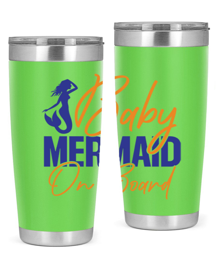 A stylish Baby Mermaid on Board 20oz tumbler featuring a whimsical mermaid design, made of stainless steel with a drink-thru lid.