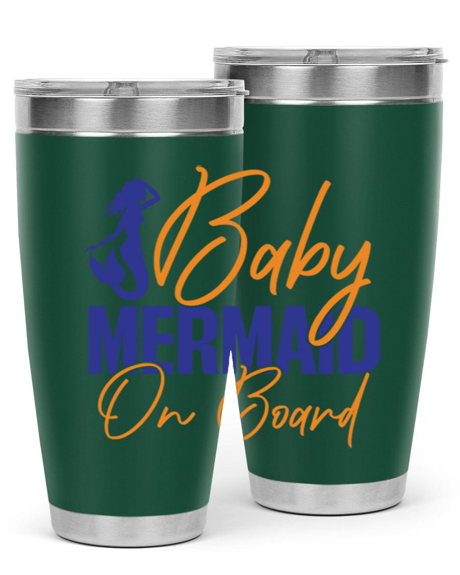 A stylish Baby Mermaid on Board 20oz tumbler featuring a whimsical mermaid design, made of stainless steel with a drink-thru lid.