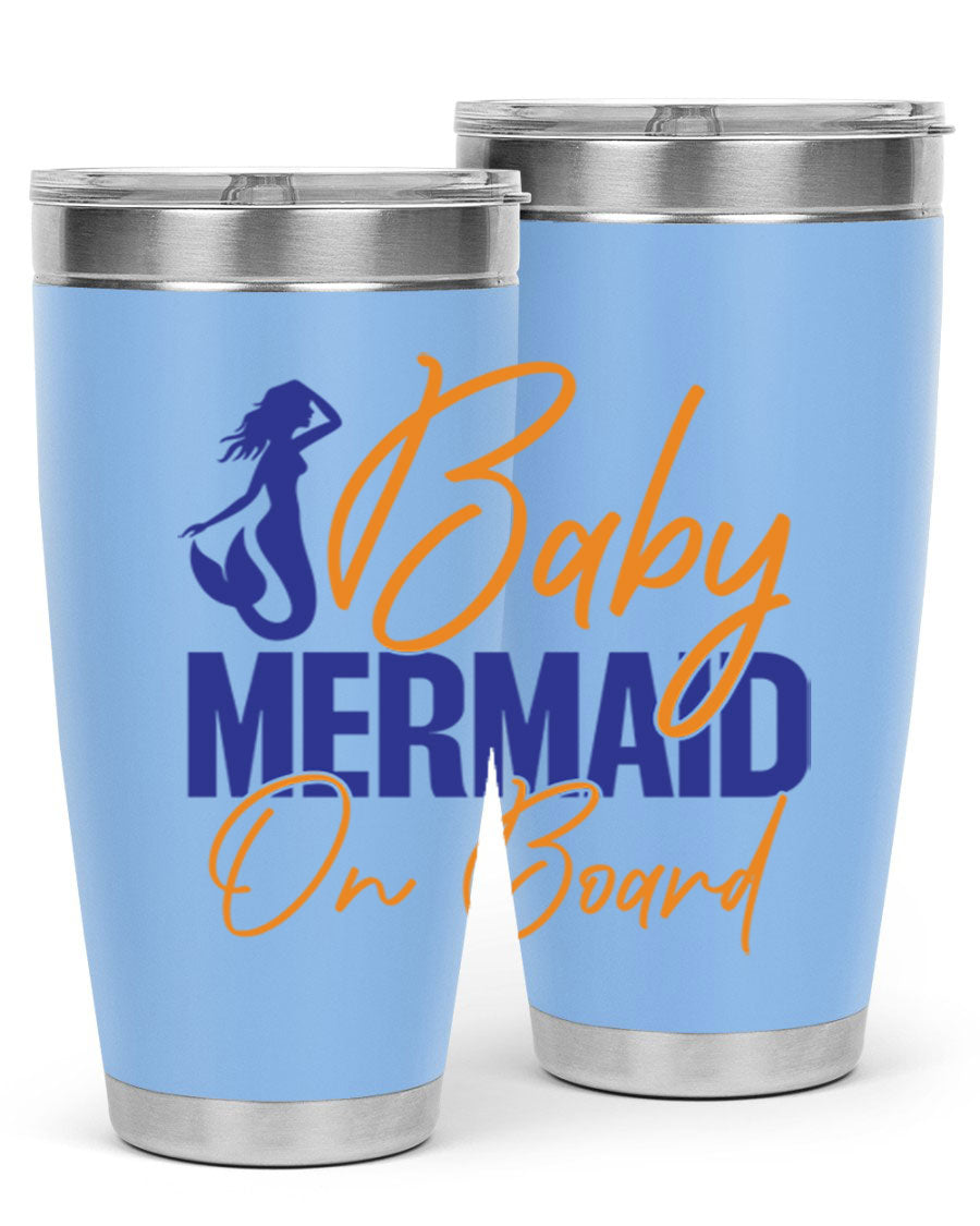 A stylish Baby Mermaid on Board 20oz tumbler featuring a whimsical mermaid design, made of stainless steel with a drink-thru lid.