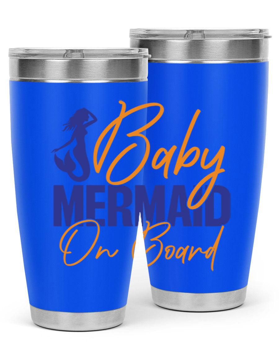 A stylish Baby Mermaid on Board 20oz tumbler featuring a whimsical mermaid design, made of stainless steel with a drink-thru lid.