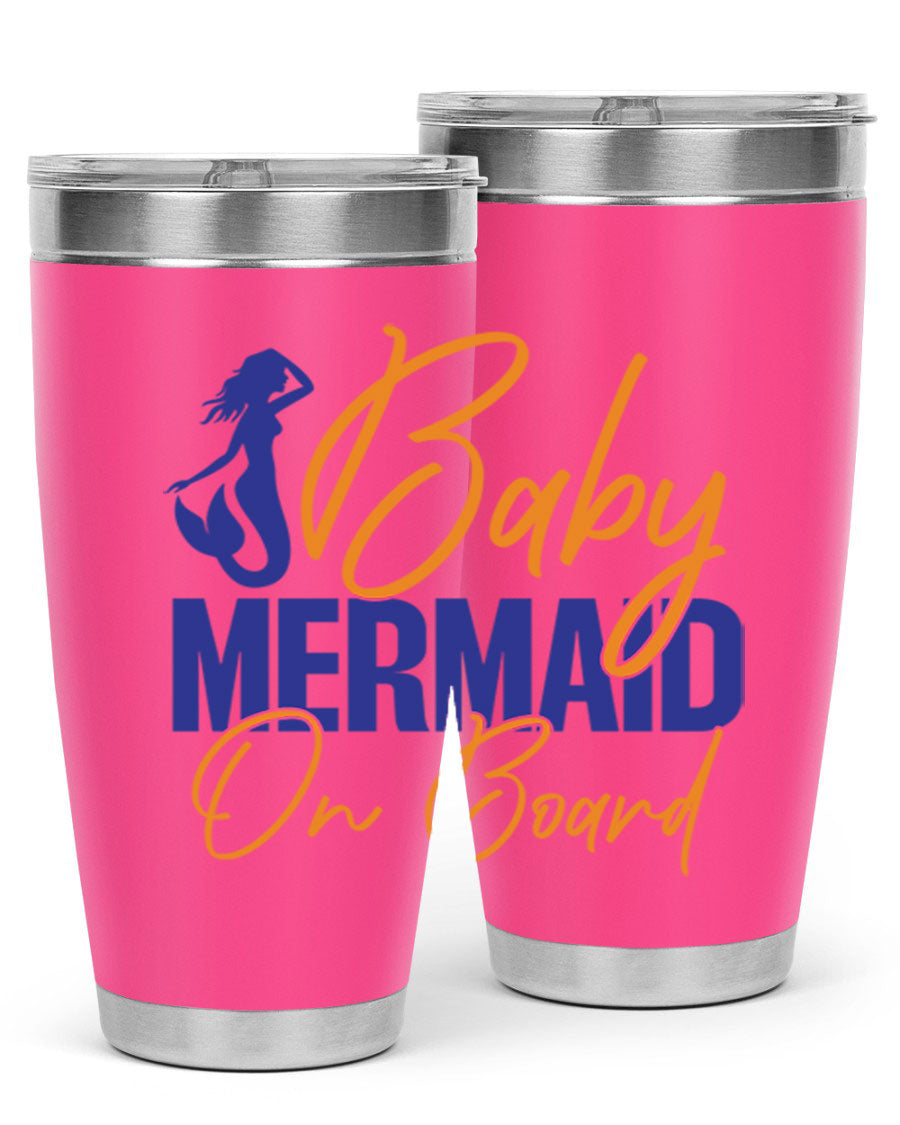 A stylish Baby Mermaid on Board 20oz tumbler featuring a whimsical mermaid design, made of stainless steel with a drink-thru lid.