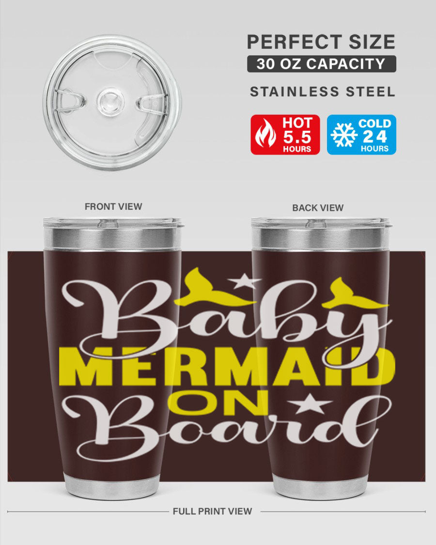 A stylish Baby Mermaid on Board tumbler featuring a whimsical mermaid design, made of stainless steel with a drink-thru lid.