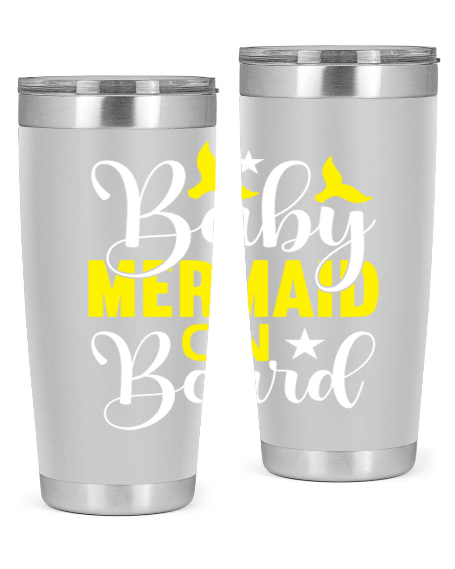 A stylish Baby Mermaid on Board tumbler featuring a whimsical mermaid design, made of stainless steel with a drink-thru lid.