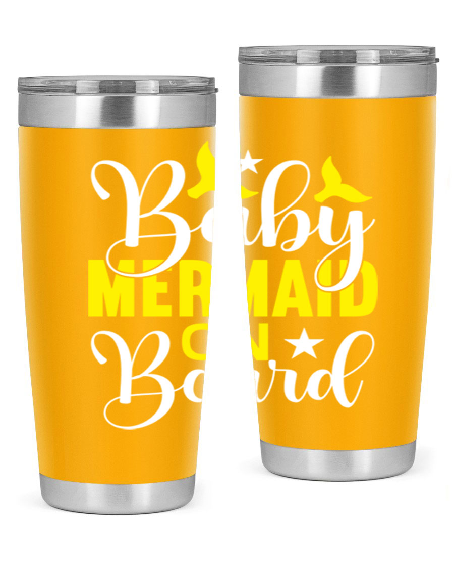 A stylish Baby Mermaid on Board tumbler featuring a whimsical mermaid design, made of stainless steel with a drink-thru lid.