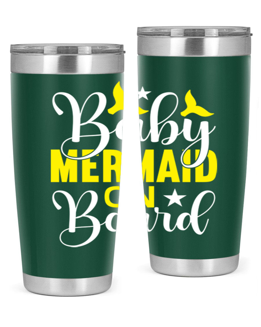 A stylish Baby Mermaid on Board tumbler featuring a whimsical mermaid design, made of stainless steel with a drink-thru lid.