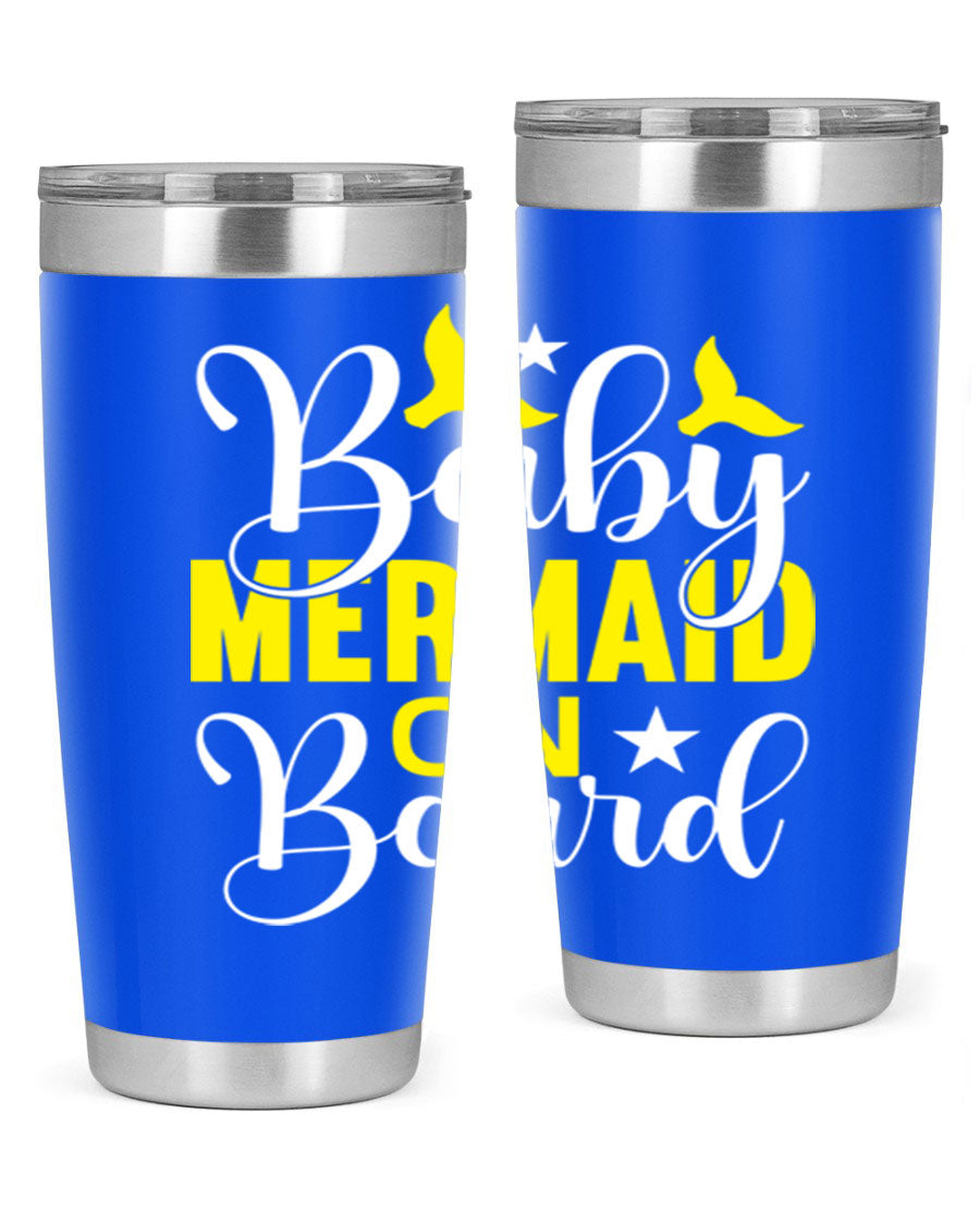 A stylish Baby Mermaid on Board tumbler featuring a whimsical mermaid design, made of stainless steel with a drink-thru lid.