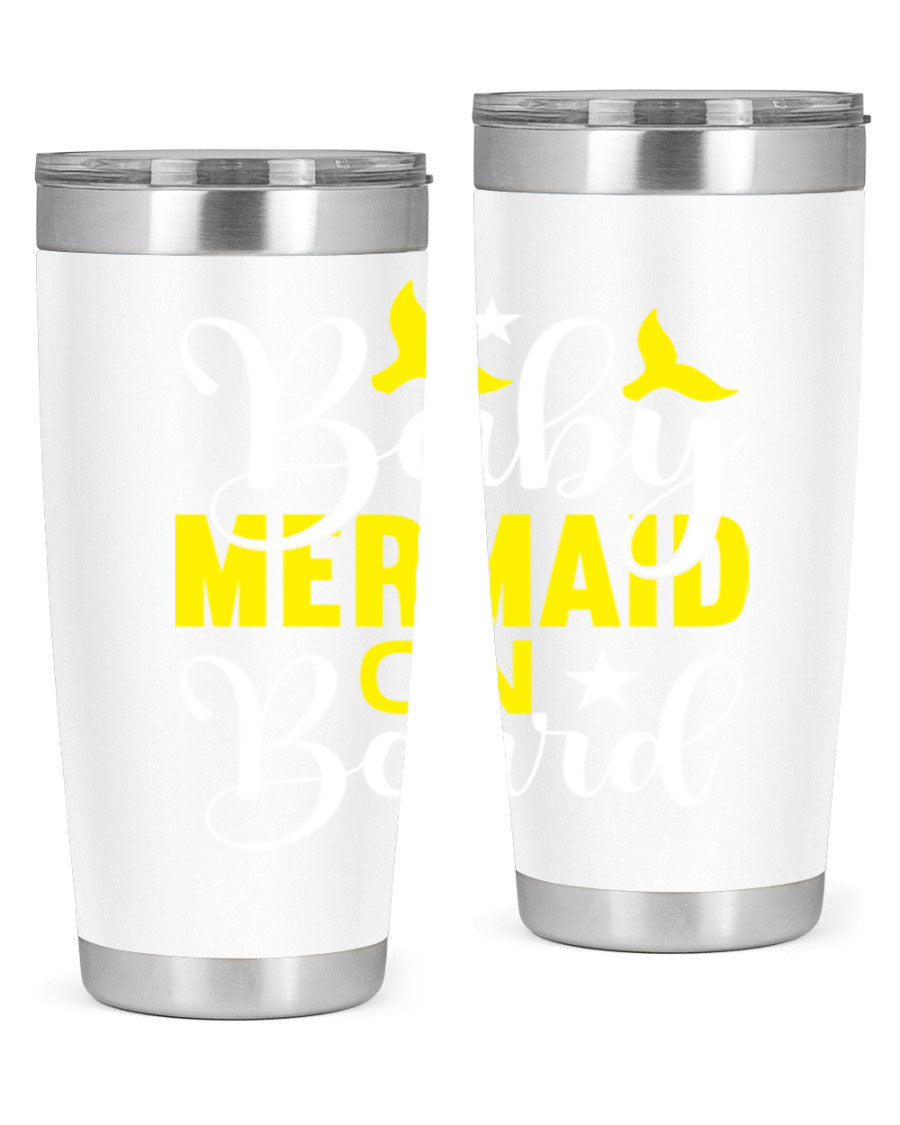 A stylish Baby Mermaid on Board tumbler featuring a whimsical mermaid design, made of stainless steel with a drink-thru lid.