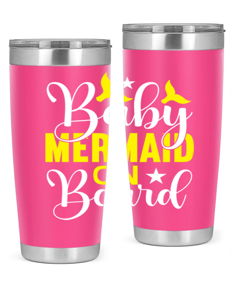 A stylish Baby Mermaid on Board tumbler featuring a whimsical mermaid design, made of stainless steel with a drink-thru lid.