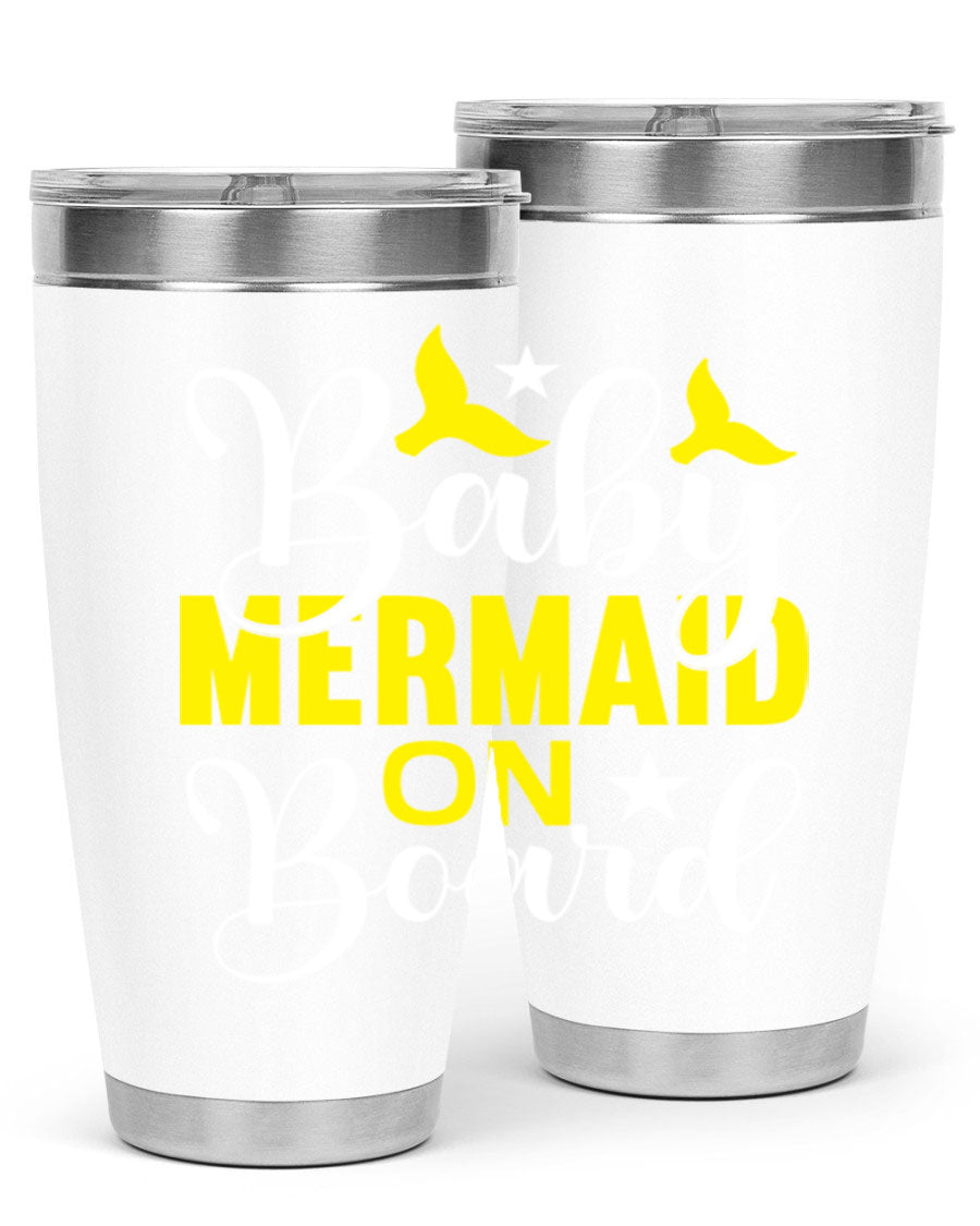 A stylish Baby Mermaid on Board tumbler featuring a whimsical mermaid design, made of stainless steel with a drink-thru lid.