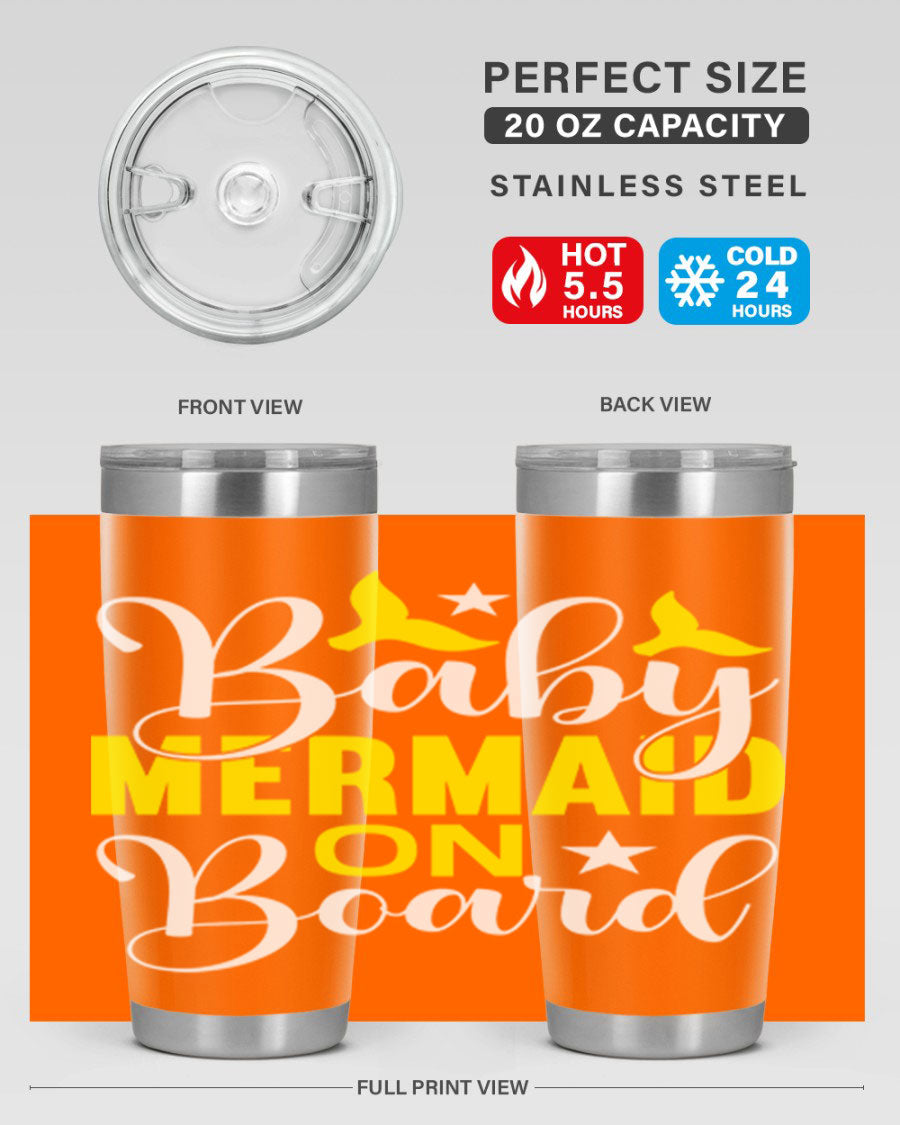 A stylish Baby Mermaid on Board tumbler featuring a whimsical mermaid design, made of stainless steel with a drink-thru lid.