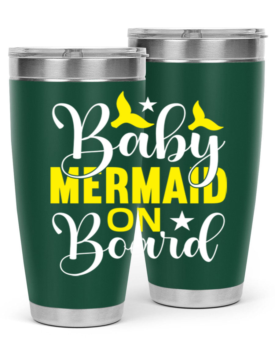 A stylish Baby Mermaid on Board tumbler featuring a whimsical mermaid design, made of stainless steel with a drink-thru lid.