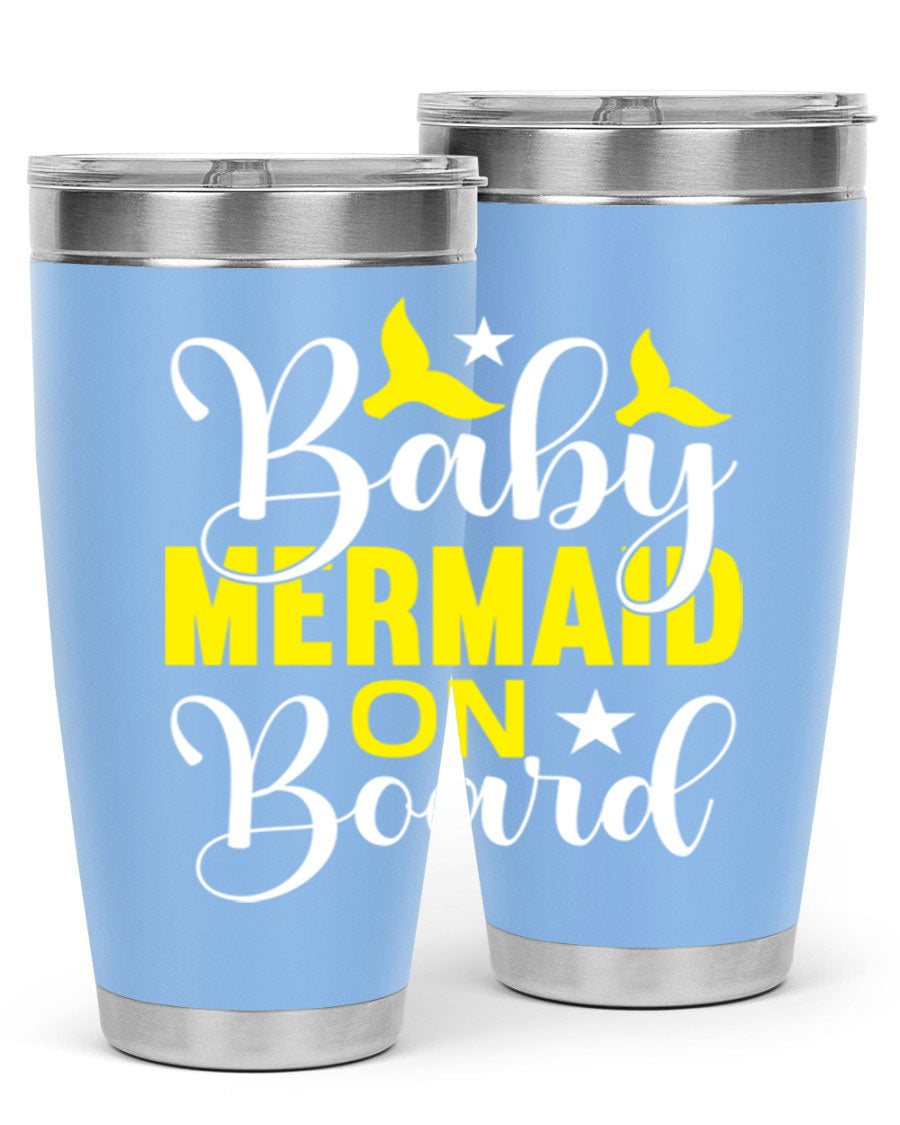 A stylish Baby Mermaid on Board tumbler featuring a whimsical mermaid design, made of stainless steel with a drink-thru lid.