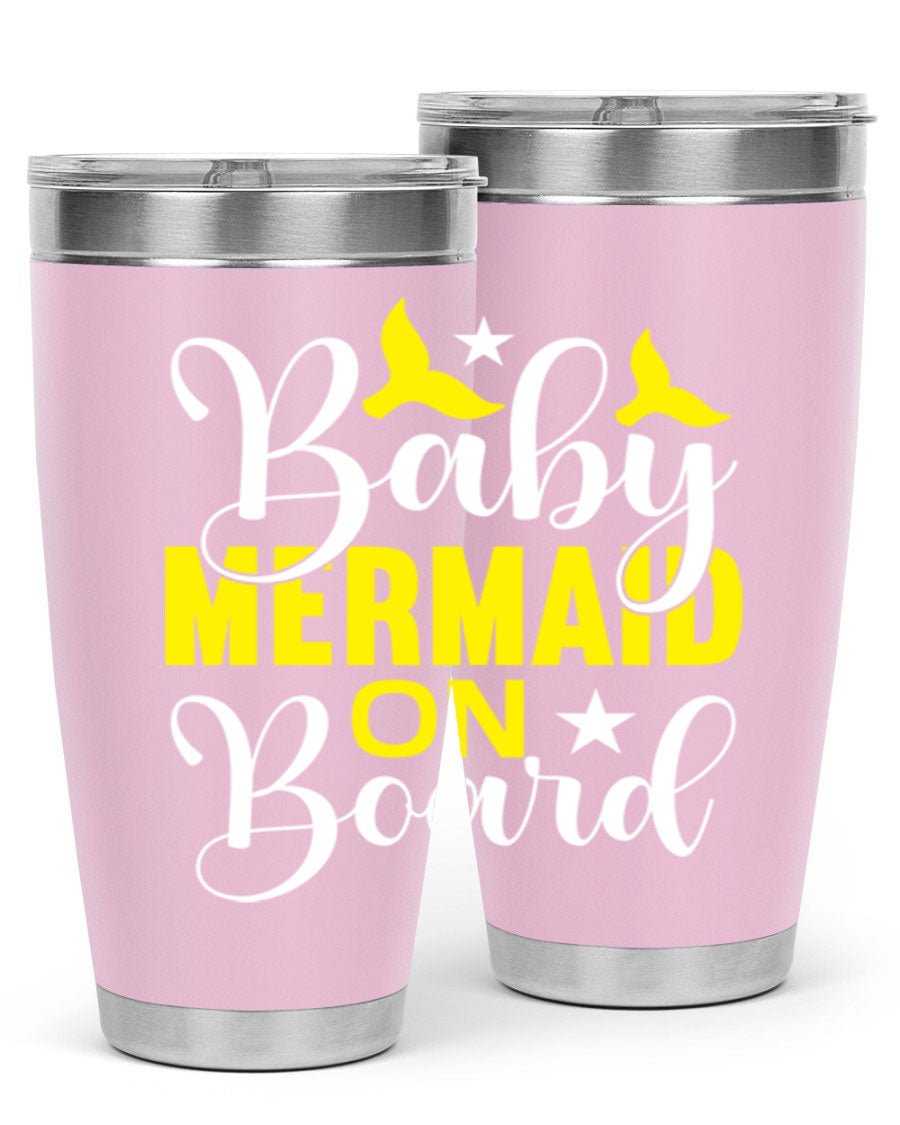 A stylish Baby Mermaid on Board tumbler featuring a whimsical mermaid design, made of stainless steel with a drink-thru lid.